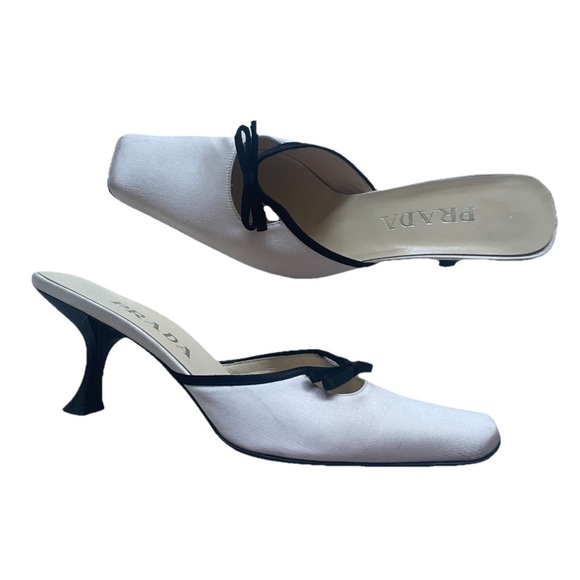Vintage Prada Satin Mules White Black Bows 38.5 Square Toe Pumps Heels Slip On - Picture 1 of 12